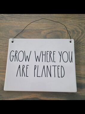 Rae Dunn White Wall Plaque with Black Lettering - "Grow Where You Are Planted"